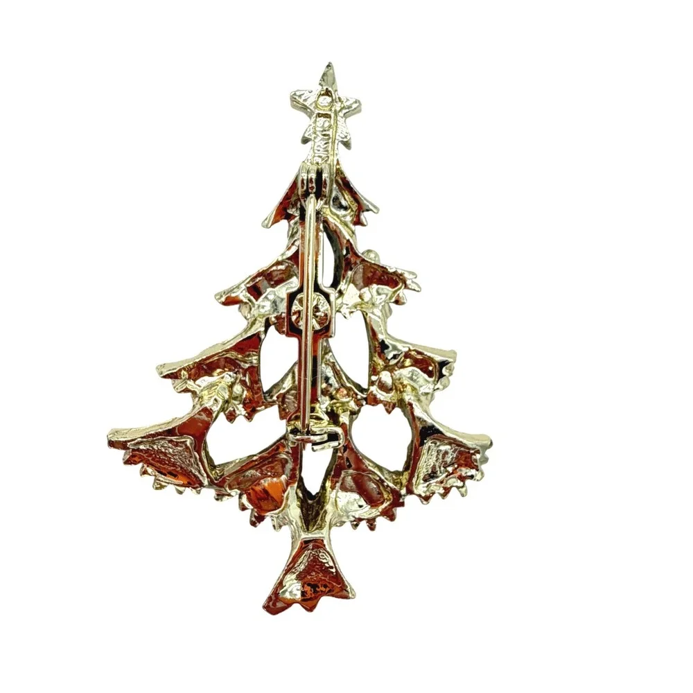 Vintage‎ Gerry's Christmas Tree Brooch Gold Tone Red Green Rhinestone Pin